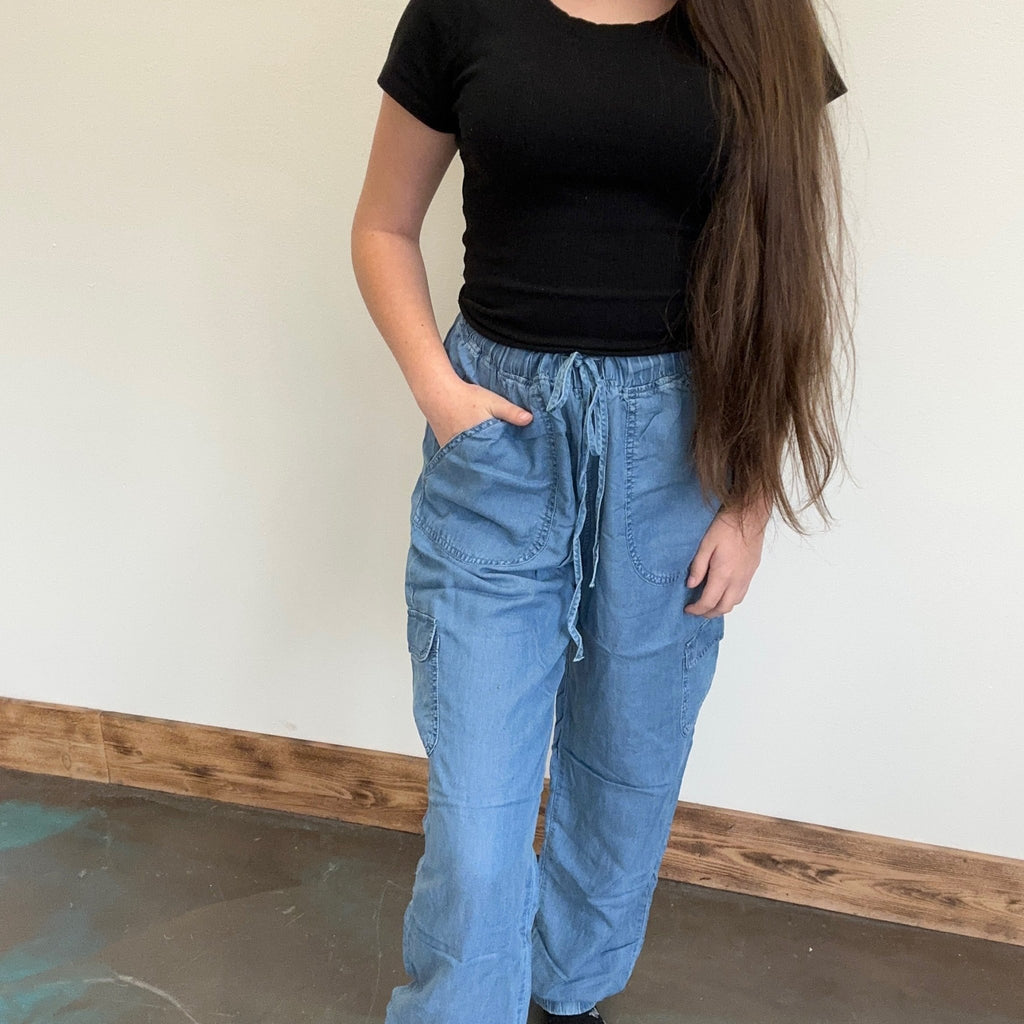 Chambray Like Elastic Waist Tie Cargo Joggers - Country Lace Boutique