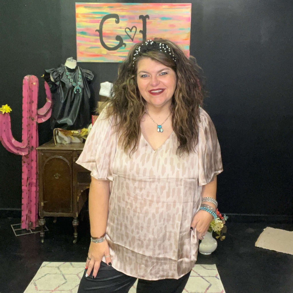 Champagne Tan Printed Bubble Shoulder Top - Country Lace Boutique