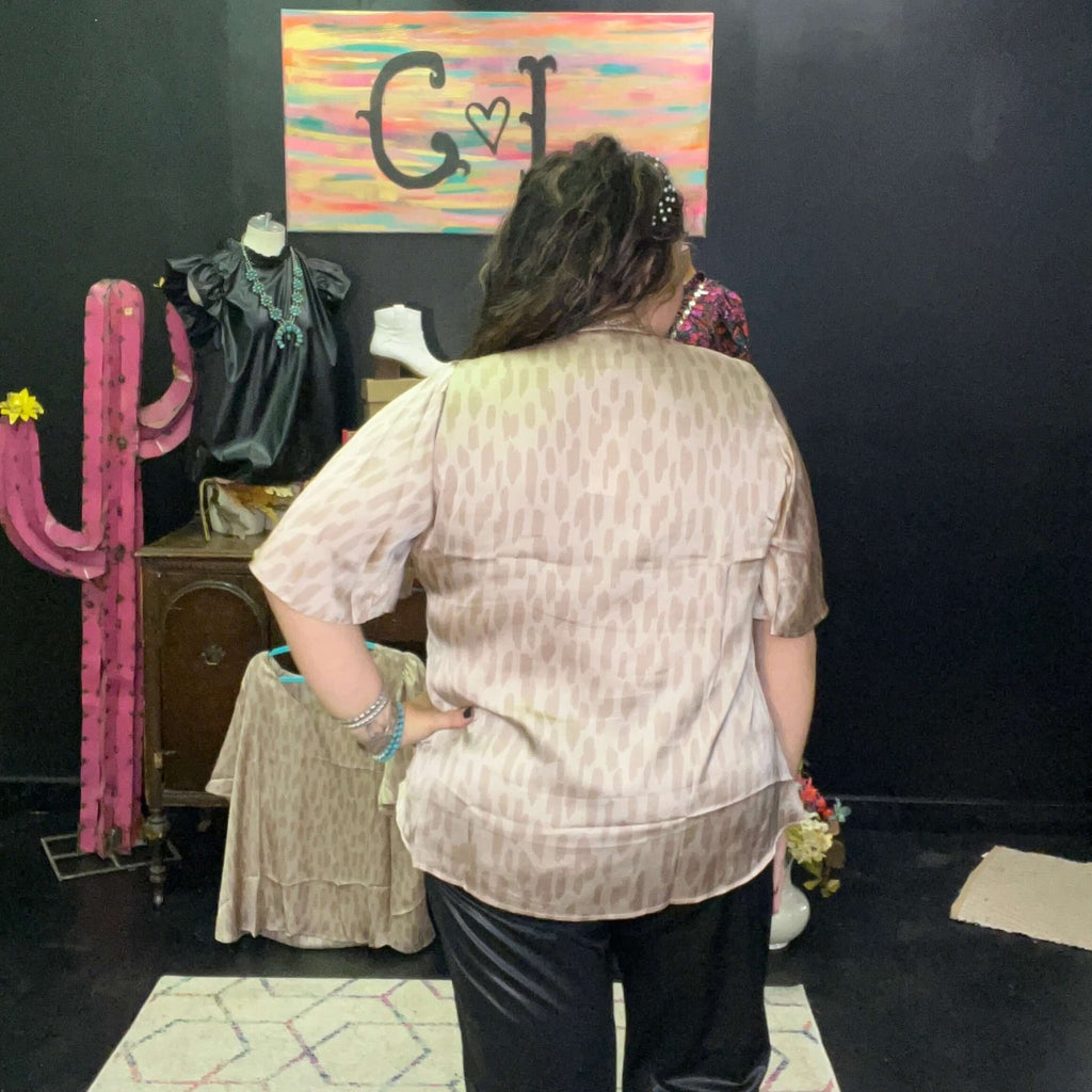 Champagne Tan Printed Bubble Shoulder Top - Country Lace Boutique