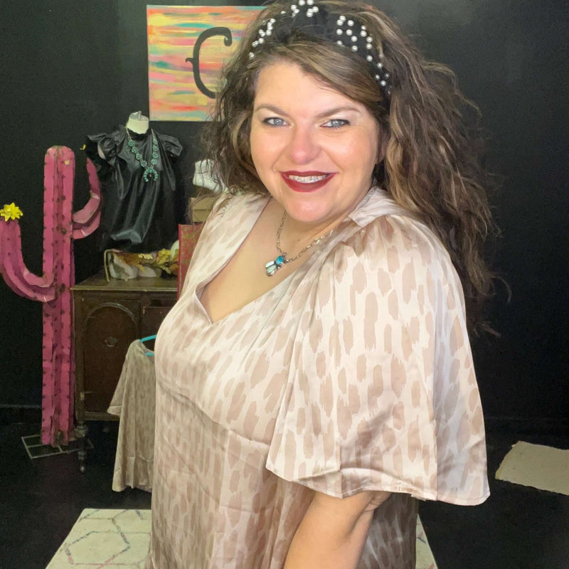 Champagne Tan Printed Bubble Shoulder Top - Country Lace Boutique