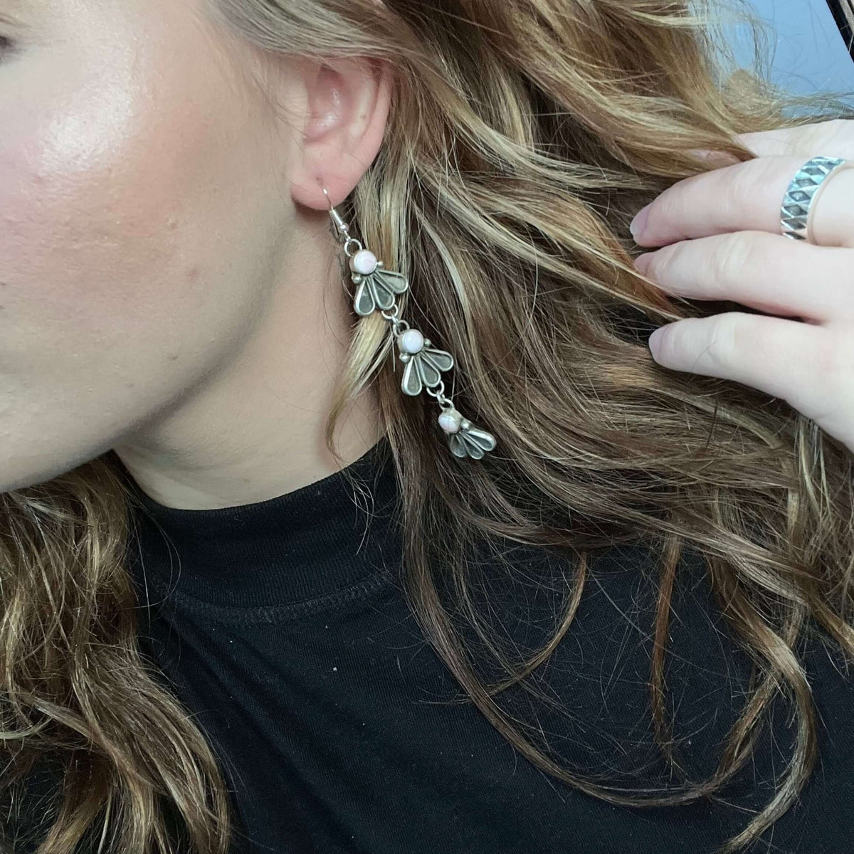Chandelier Pink Conch Fan Sterling Silver Earring - Country Lace Boutique