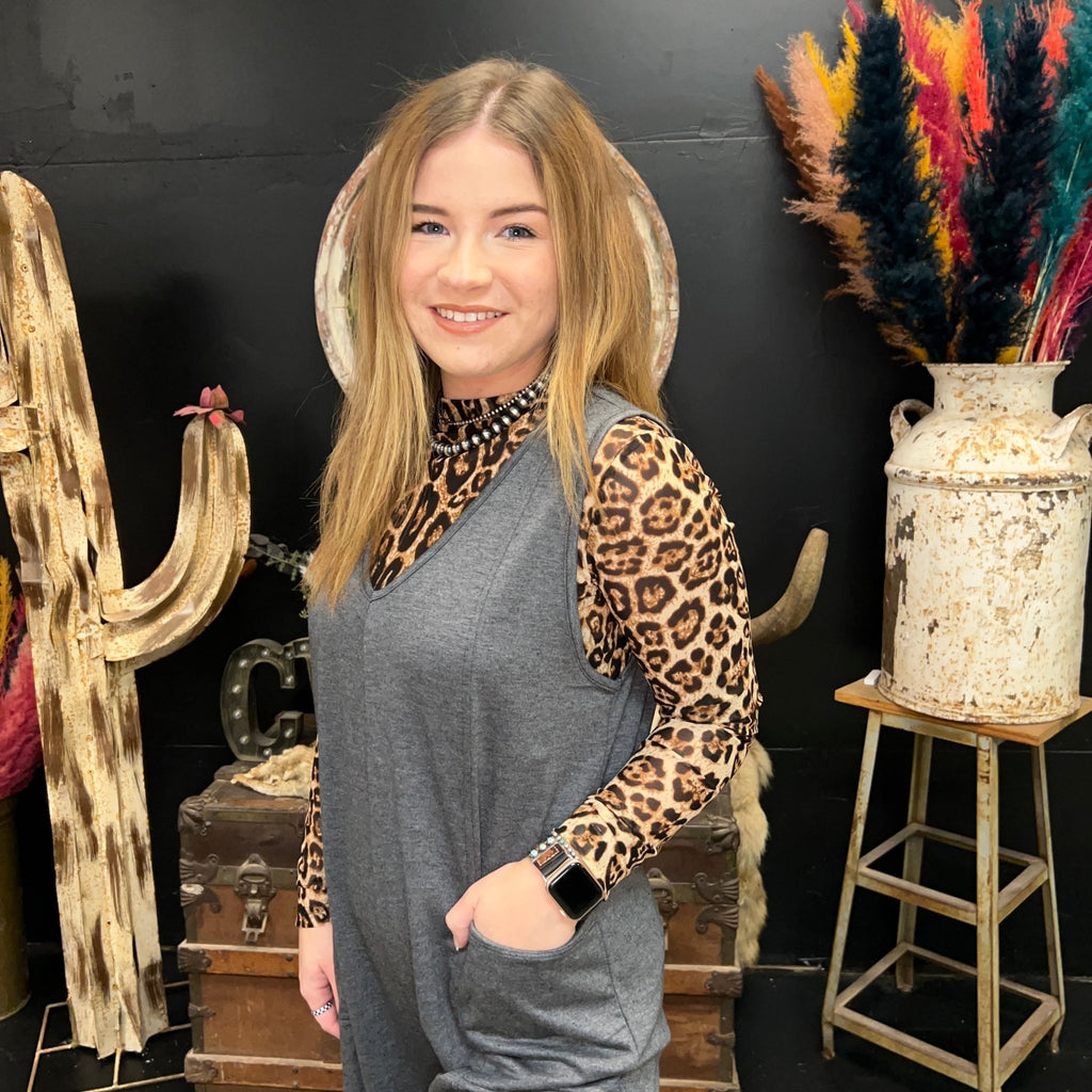 Charcoal Gray Sleeveless Romper Jumpsuit w/ Pockets - Country Lace Boutique