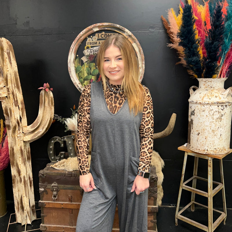 Charcoal Gray Sleeveless Romper Jumpsuit w/ Pockets - Country Lace Boutique