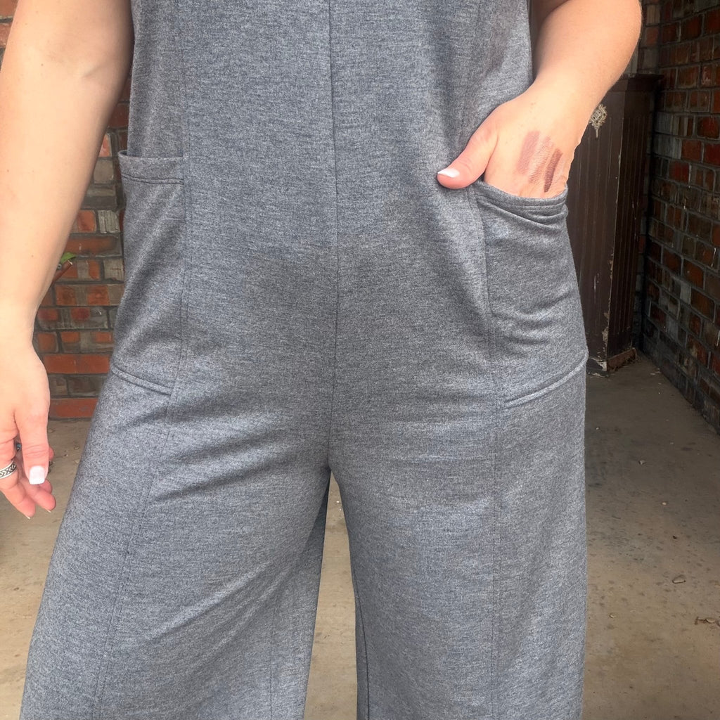 Charcoal Gray Sleeveless Romper Jumpsuit w/ Pockets - Country Lace Boutique