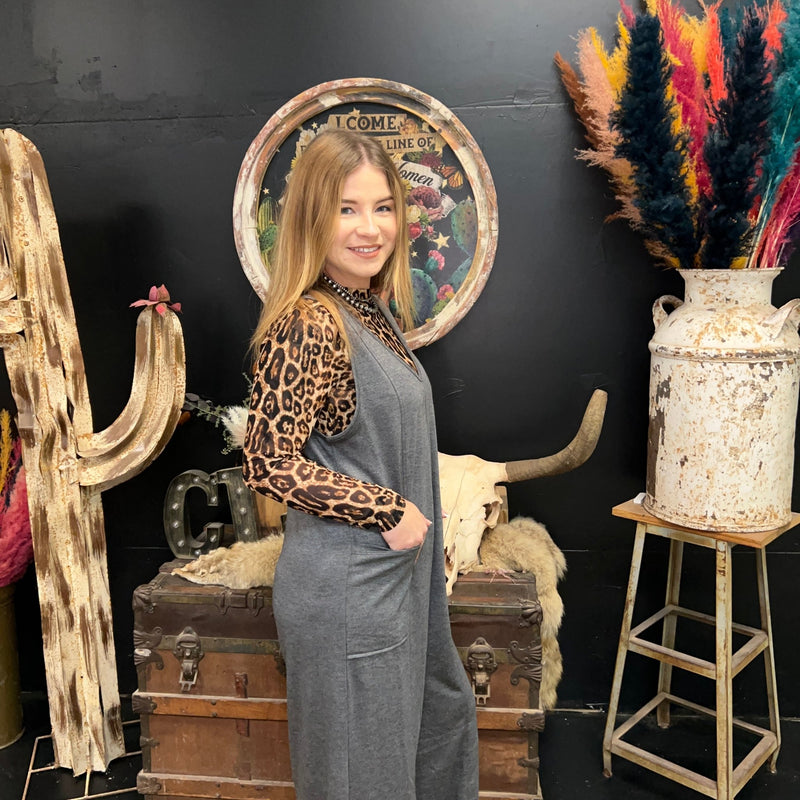 Charcoal Gray Sleeveless Romper Jumpsuit w/ Pockets - Country Lace Boutique