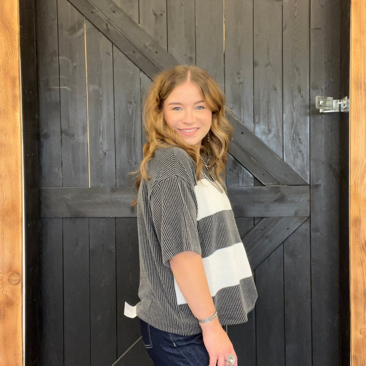 Charcoal Gray & White Chonky Ribbed Short Sleeve Shirt - Country Lace Boutique