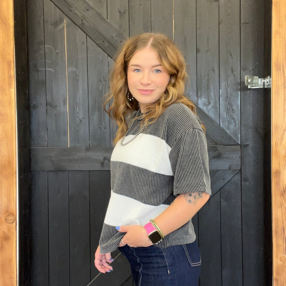Charcoal Gray & White Chonky Ribbed Short Sleeve Shirt - Country Lace Boutique