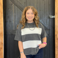 Charcoal Gray & White Chonky Ribbed Short Sleeve Shirt - Country Lace Boutique