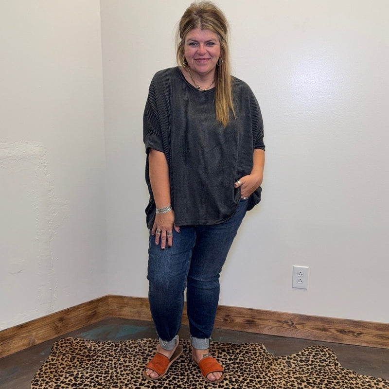 Charcoal Ribbed Dolman Shortsleeve Top - Country Lace Boutique