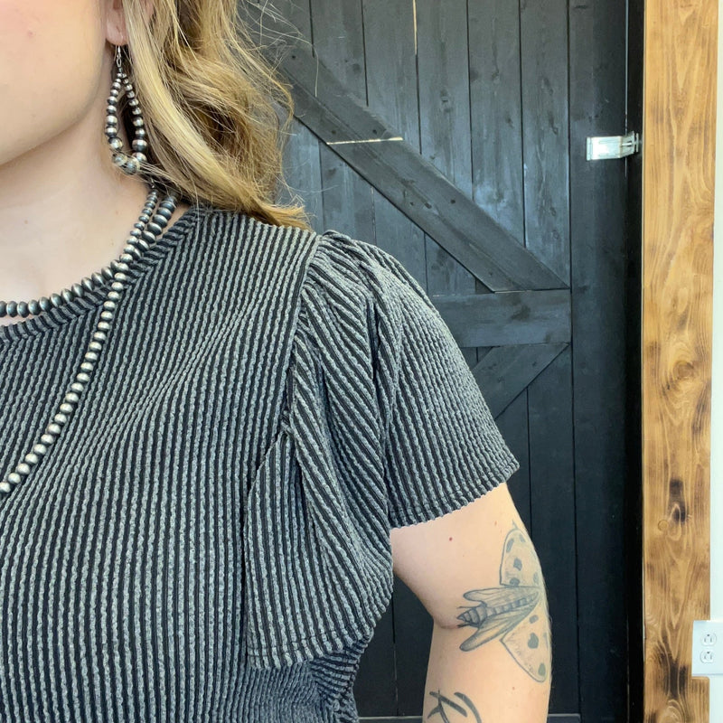 Charcoal Ribbed Flutter Sleeve Shirt - Country Lace Boutique