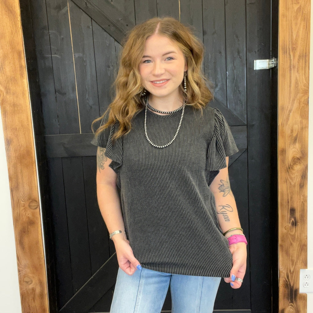 Charcoal Ribbed Flutter Sleeve Shirt - Country Lace Boutique