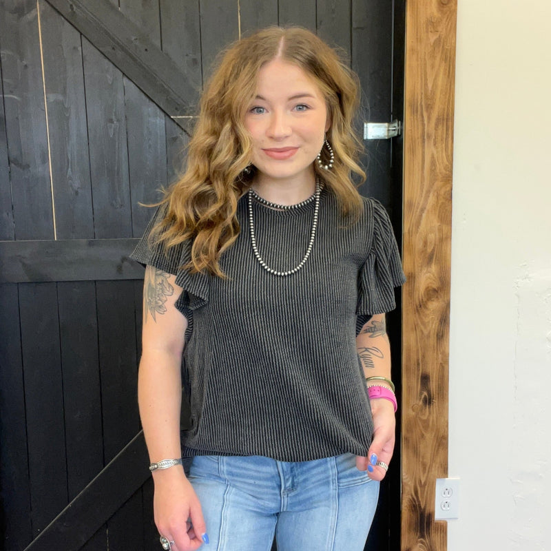Charcoal Ribbed Flutter Sleeve Shirt - Country Lace Boutique