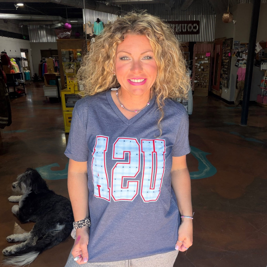 Checkered USA Heathered Navy V Neck T-Shirt - Country Lace Boutique
