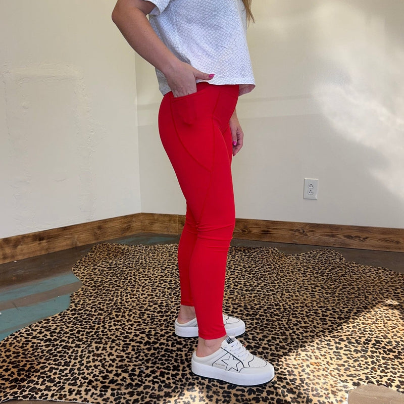 Cherry Red Mono B Tapered Band High Waist Leggings w/Pockets - Country Lace Boutique