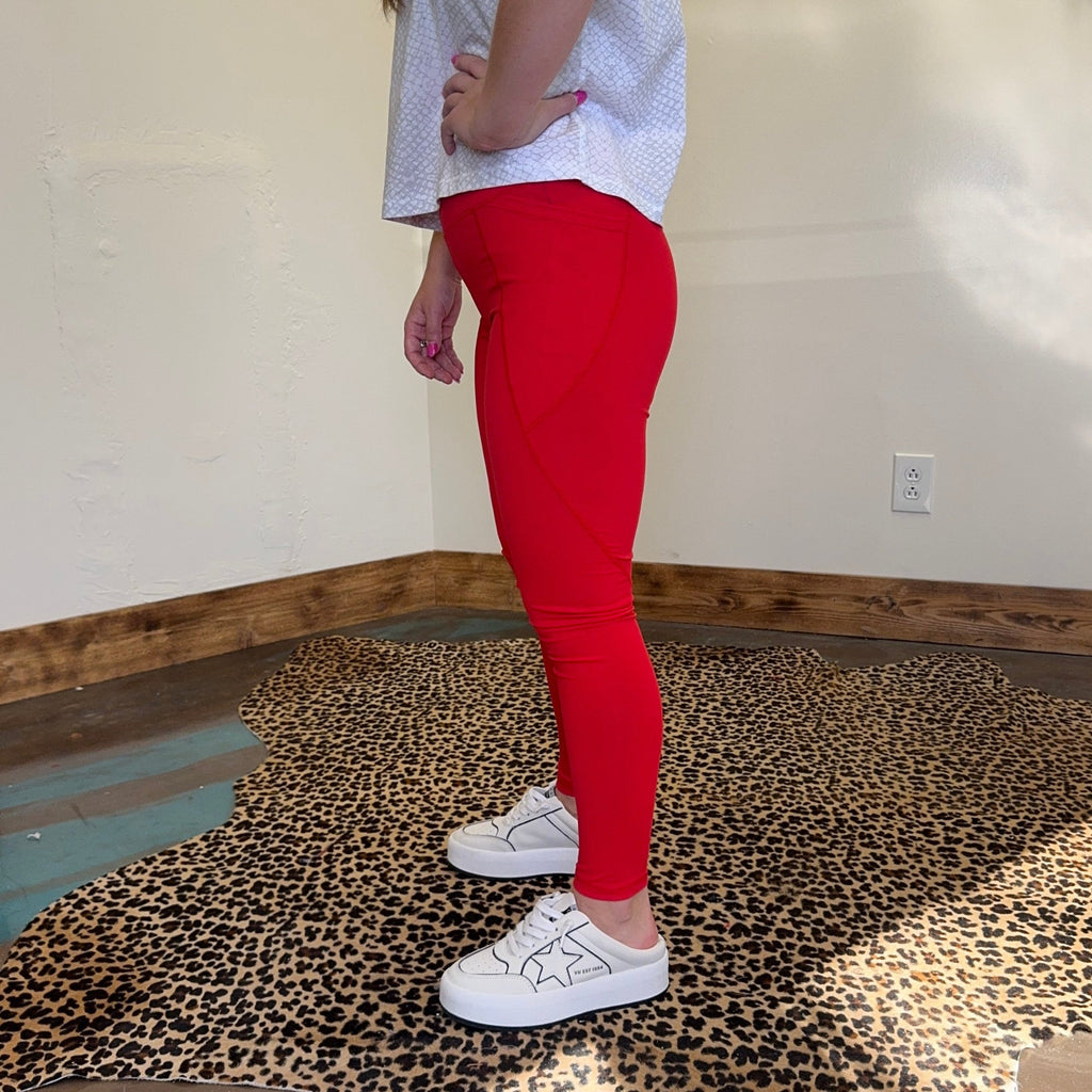 Cherry Red Mono B Tapered Band High Waist Leggings w/Pockets - Country Lace Boutique