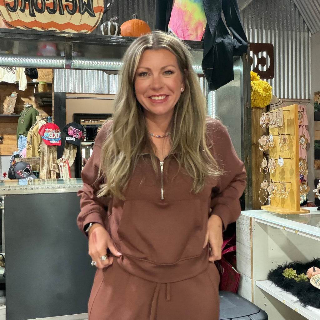Chestnut Brown Super Soft Half Zip Crop Sweat Shirt - Country Lace Boutique