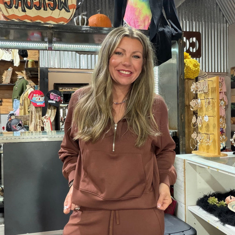 Chestnut Brown Super Soft Half Zip Crop Sweat Shirt - Country Lace Boutique