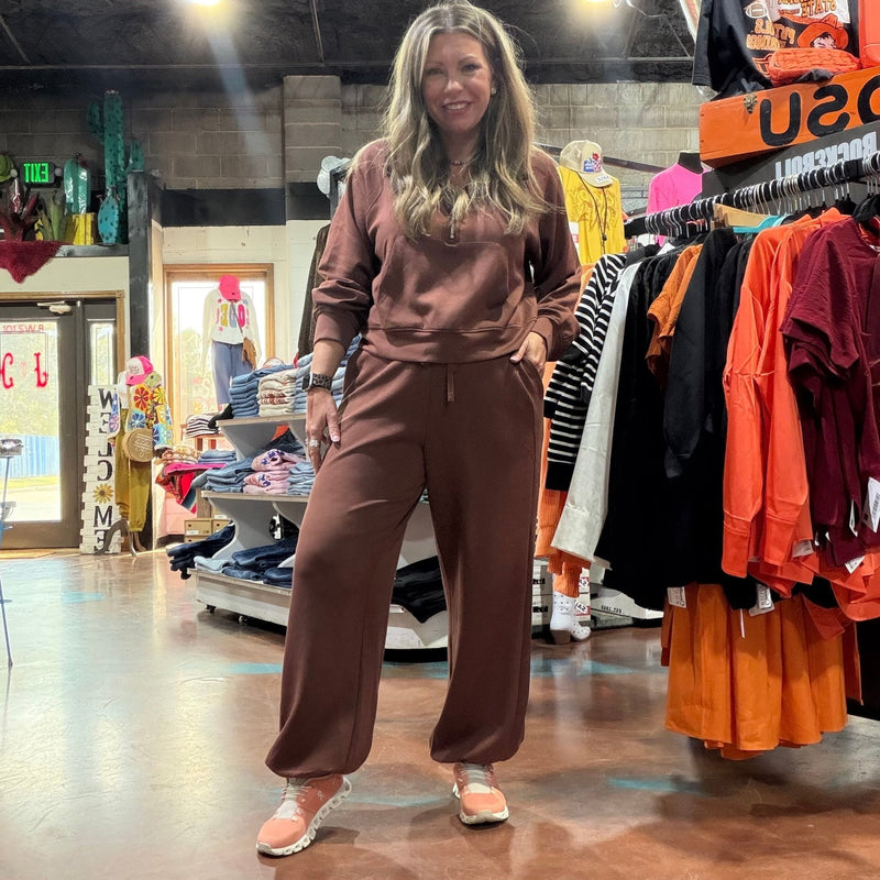 Chestnut Brown Super Soft Half Zip Crop Sweat Shirt - Country Lace Boutique