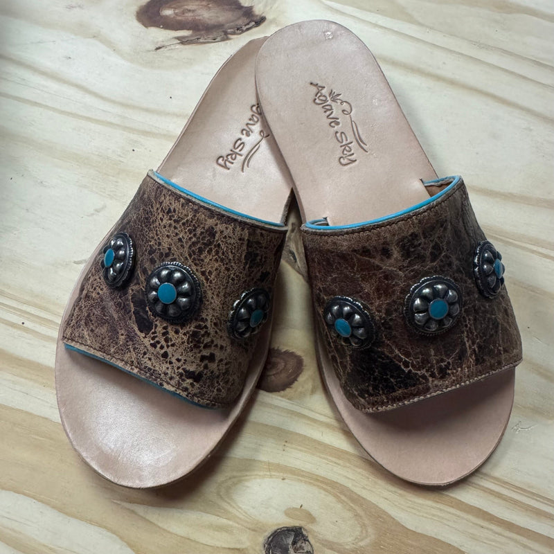 Chocolate Leather Concho with Turquoise Agave Sky Sandal SIZE 6 - Country Lace Boutique