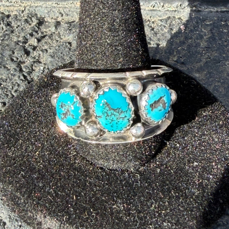 Chunky 3 Stone Turquoise Detail Band Sterling Silver Ring - Country Lace Boutique