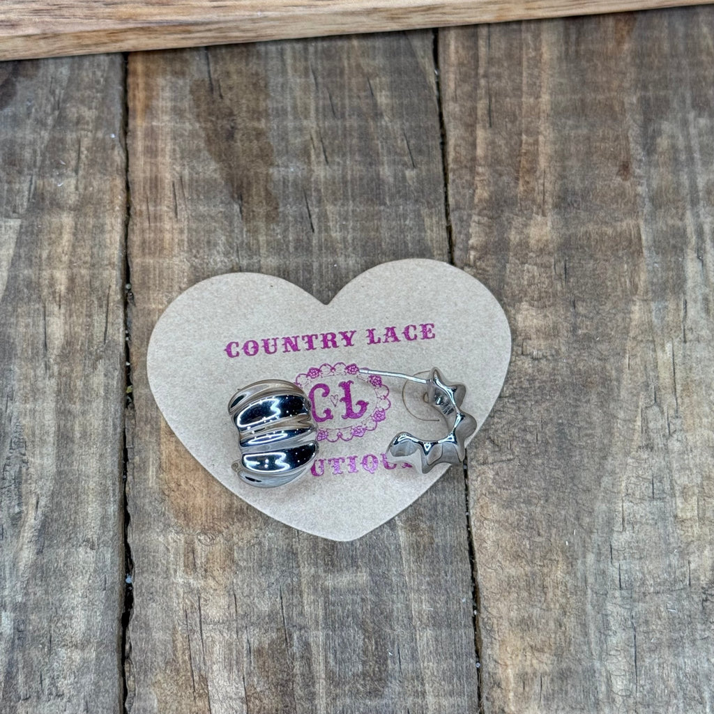 Chunky Crinkly Silver Huggie Post Fashion Earrings - Country Lace Boutique