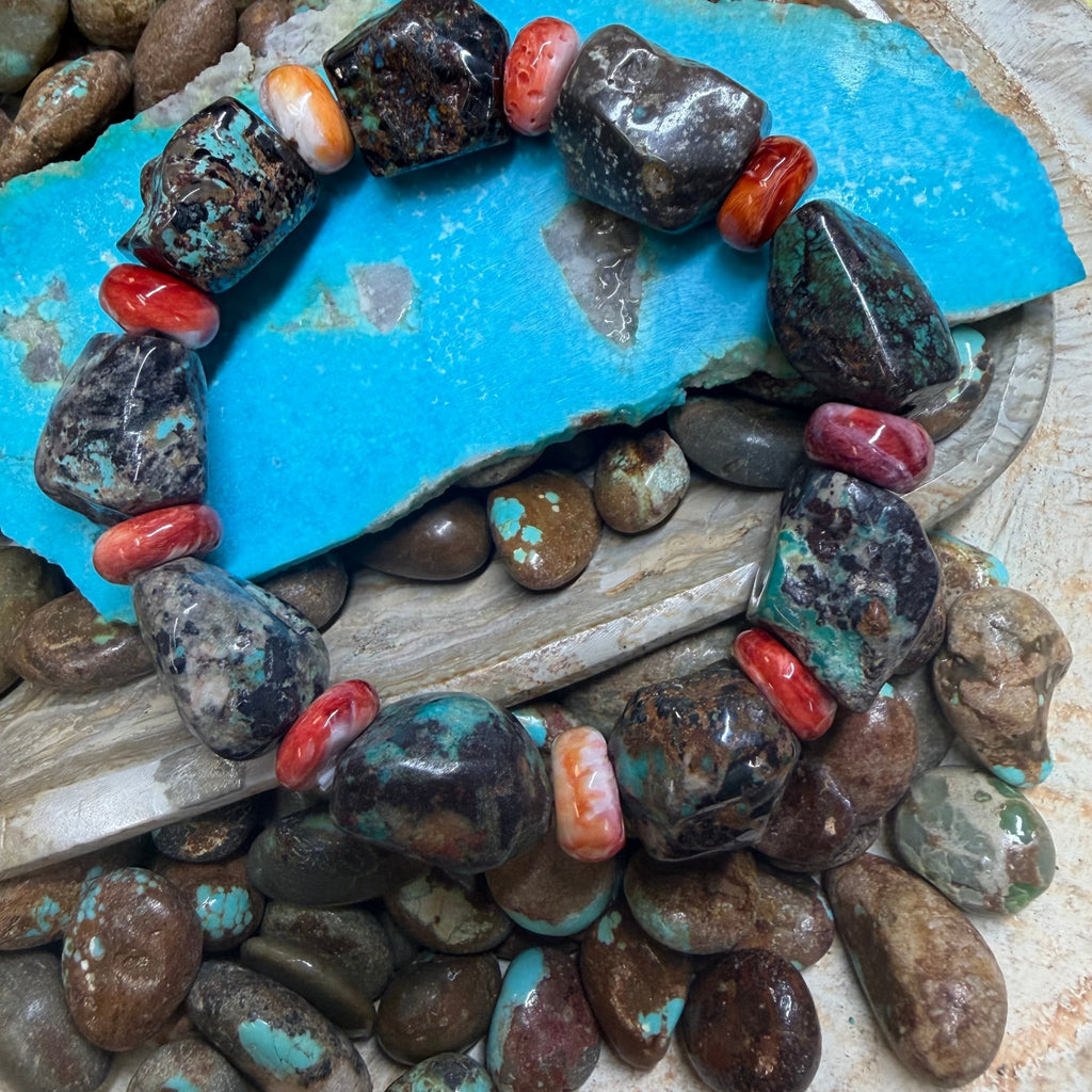 Chunky Genuine Turquoise and Spiny Beaded Stretchy Bracelet - Country Lace Boutique