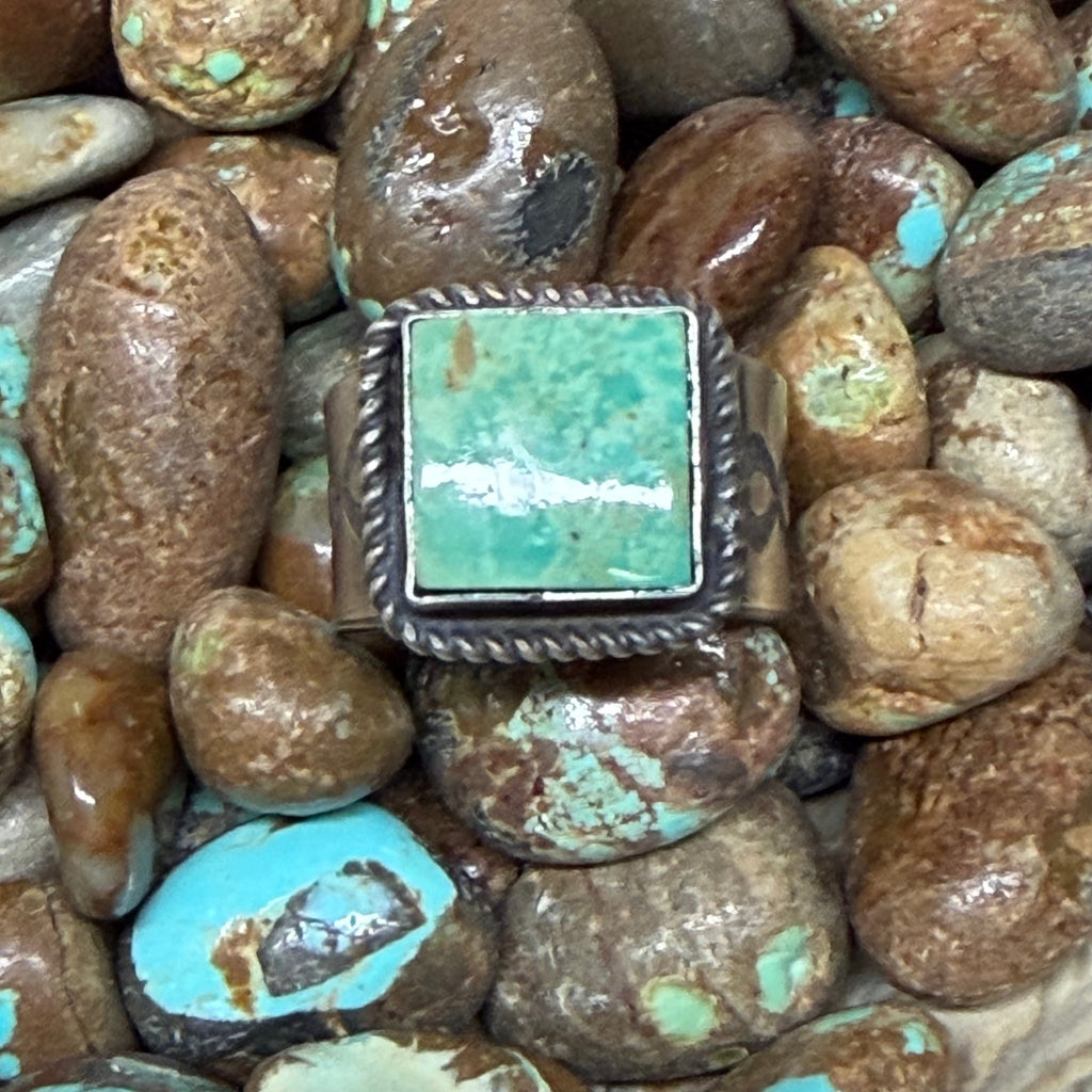 Chunky Kingman Turquoise Square with Detailed Band Sterling Silver Ring size 9.5 - Country Lace Boutique