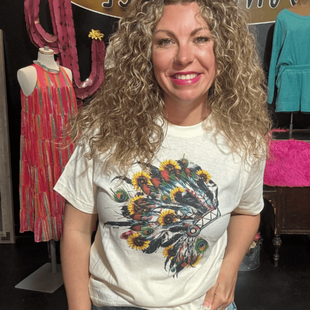 Colorful Headdress on Cream T-Shirt - Country Lace Boutique