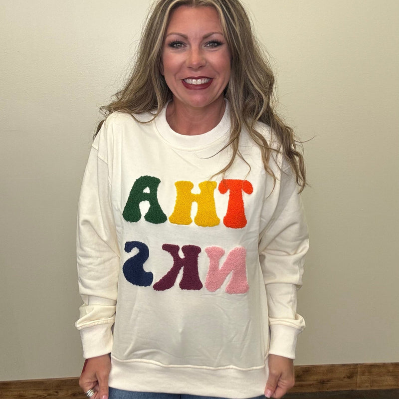Colorful THANKS Cream Sweatshirt - Country Lace Boutique