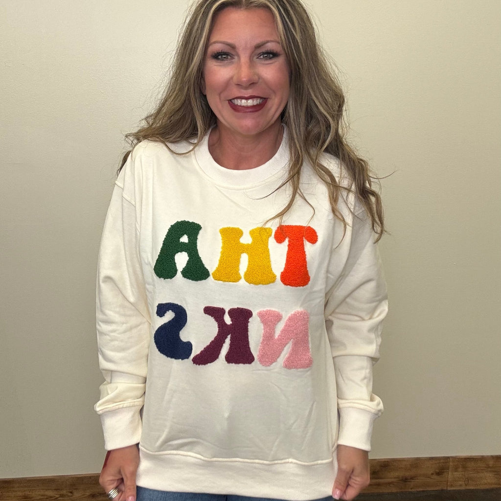 Colorful THANKS Cream Sweatshirt - Country Lace Boutique
