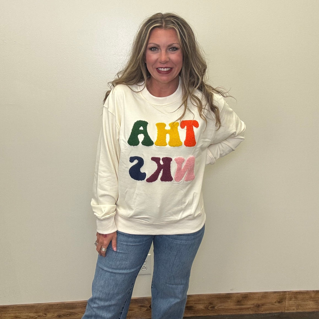 Colorful THANKS Cream Sweatshirt - Country Lace Boutique