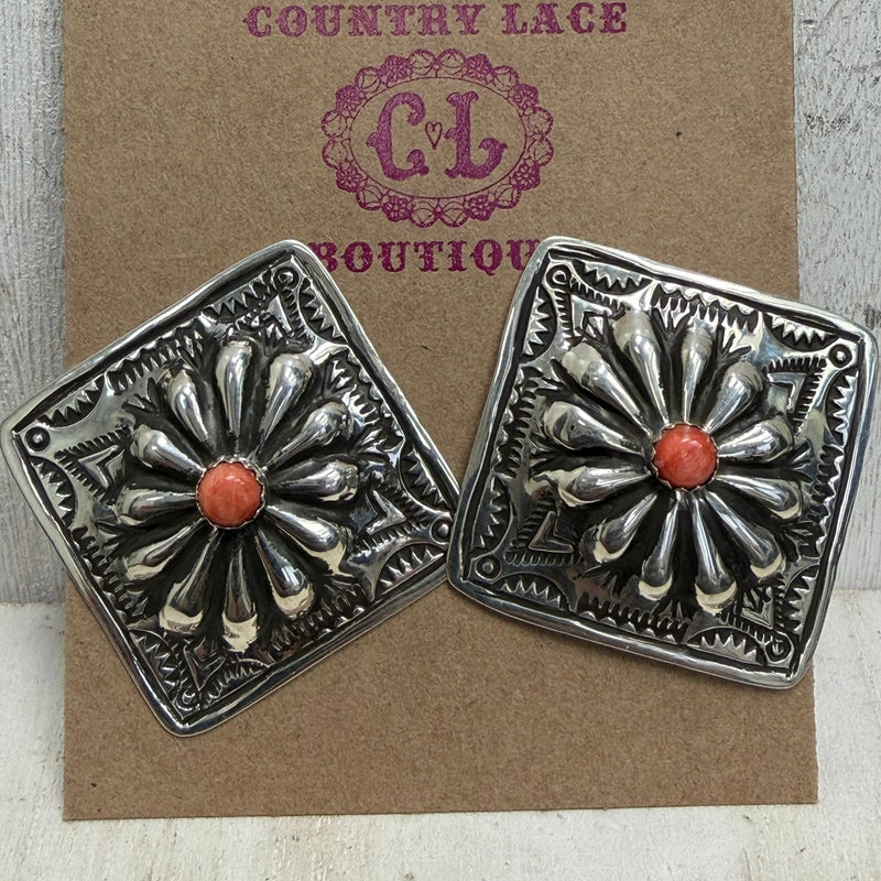 Concho Spiny Orange Post Stud Sterling Silver Earring - Country Lace Boutique