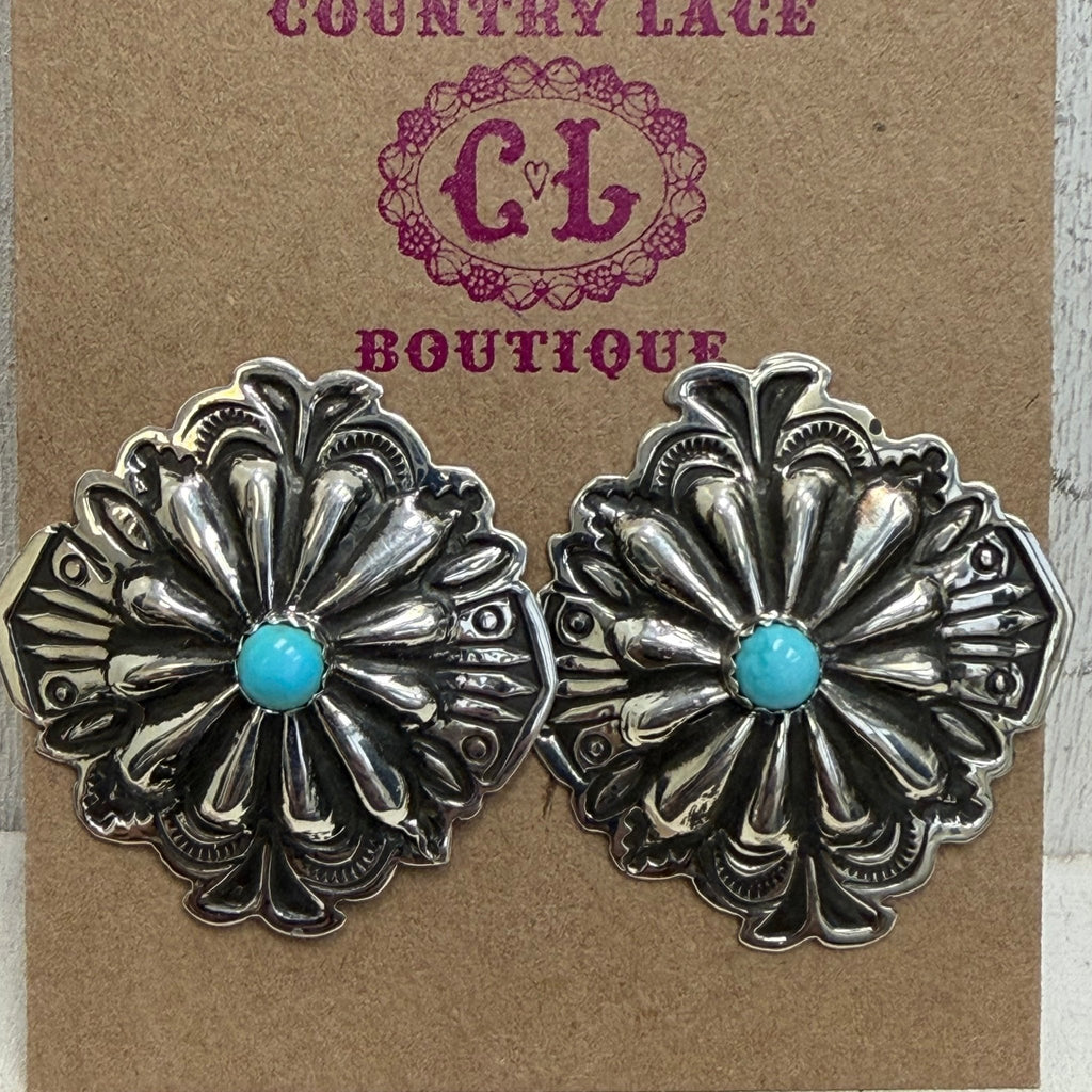 Concho Turquoise Post Stud Sterling Silver Earring - Country Lace Boutique