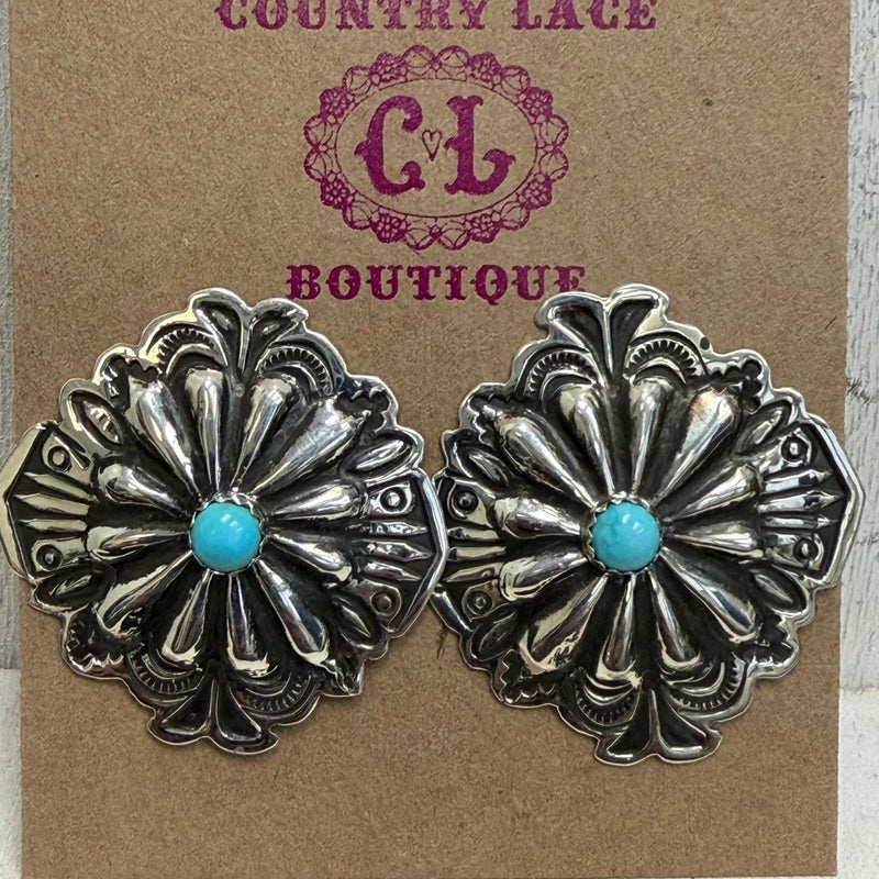 Concho Turquoise Post Stud Sterling Silver Earring - Country Lace Boutique