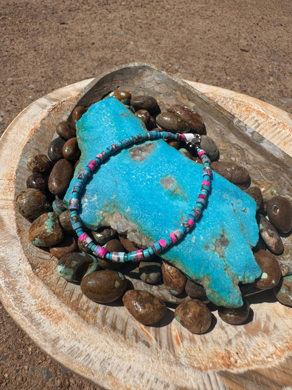 Cotton Candy Heishi & Kingman Turquoise Heishi Sterling Silver Bracelet - Country Lace Boutique