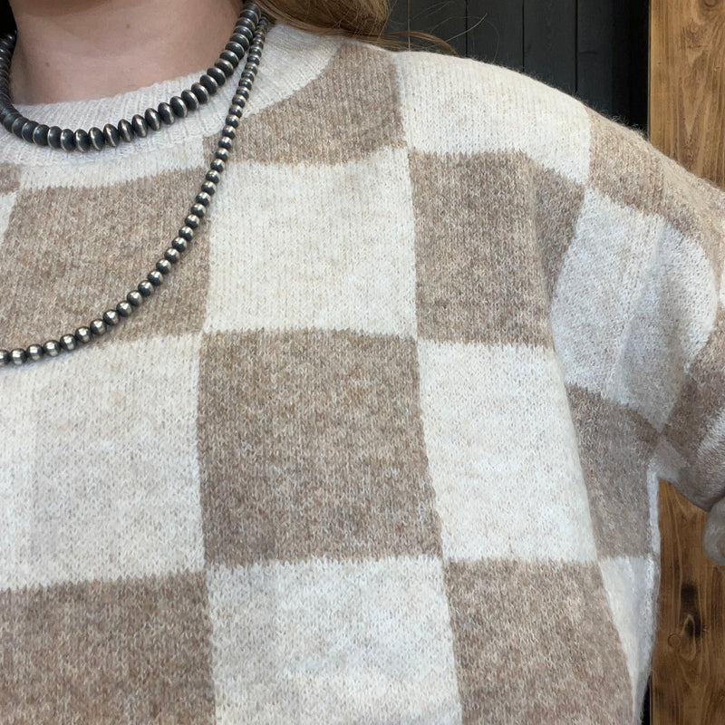 Cream & Beige Checkered Soft Sweater - Country Lace Boutique