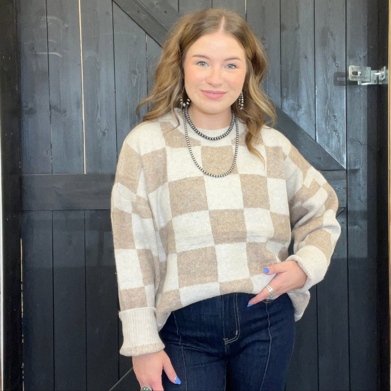Cream & Beige Checkered Soft Sweater - Country Lace Boutique