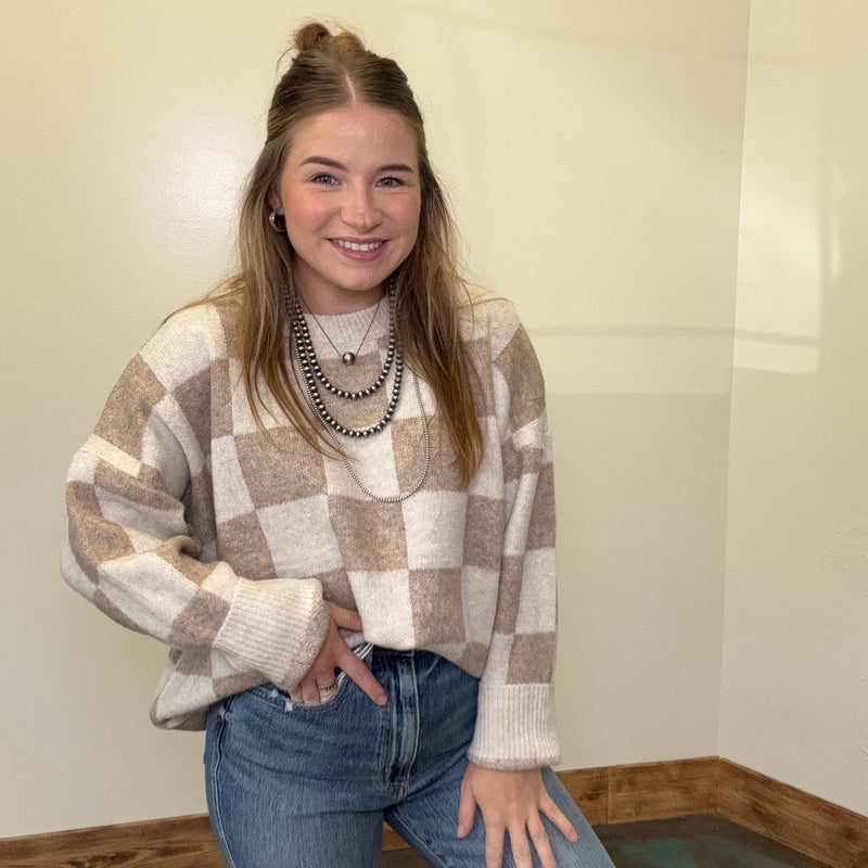 Cream & Beige Checkered Soft Sweater - Country Lace Boutique