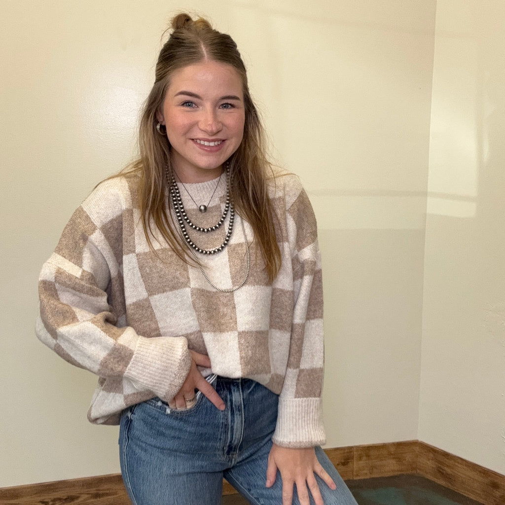 Cream & Beige Checkered Soft Sweater - Country Lace Boutique