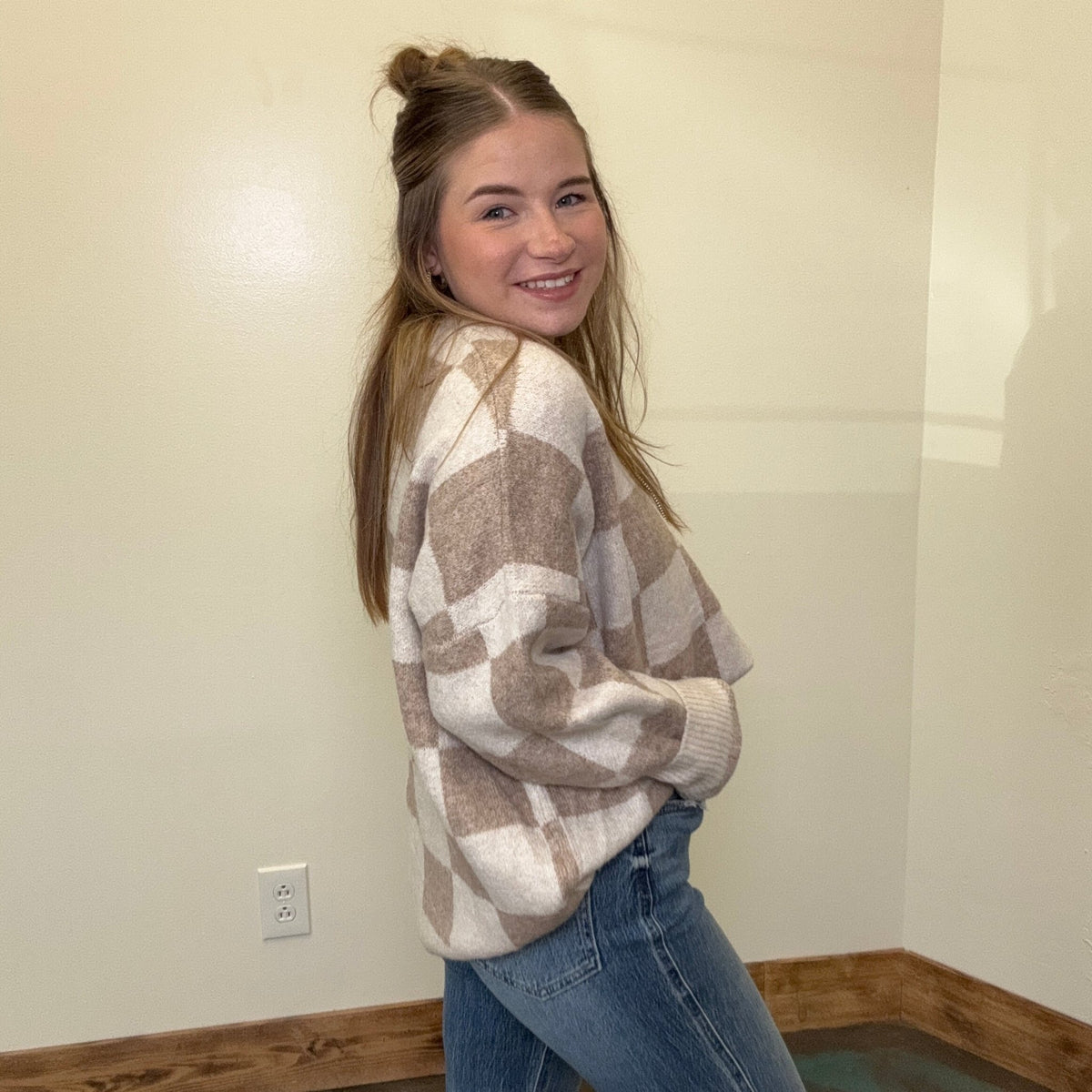 Cream & Beige Checkered Soft Sweater - Country Lace Boutique