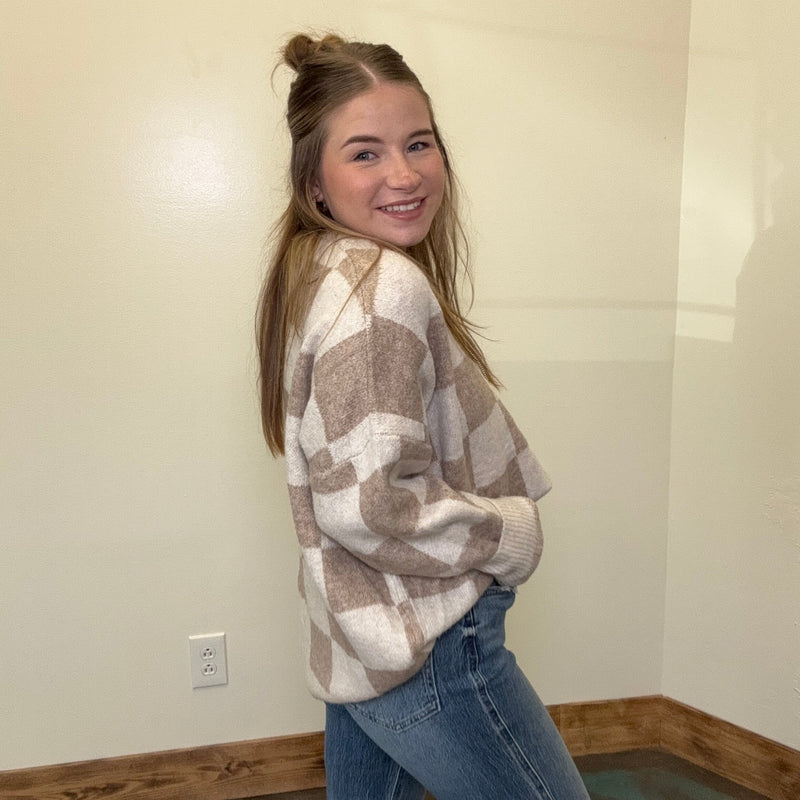 Cream & Beige Checkered Soft Sweater - Country Lace Boutique