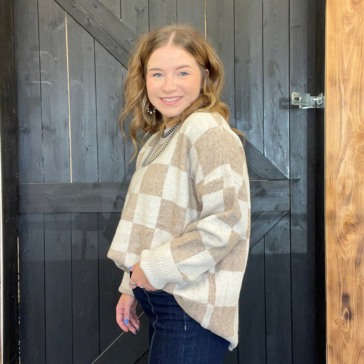 Cream & Beige Checkered Soft Sweater - Country Lace Boutique