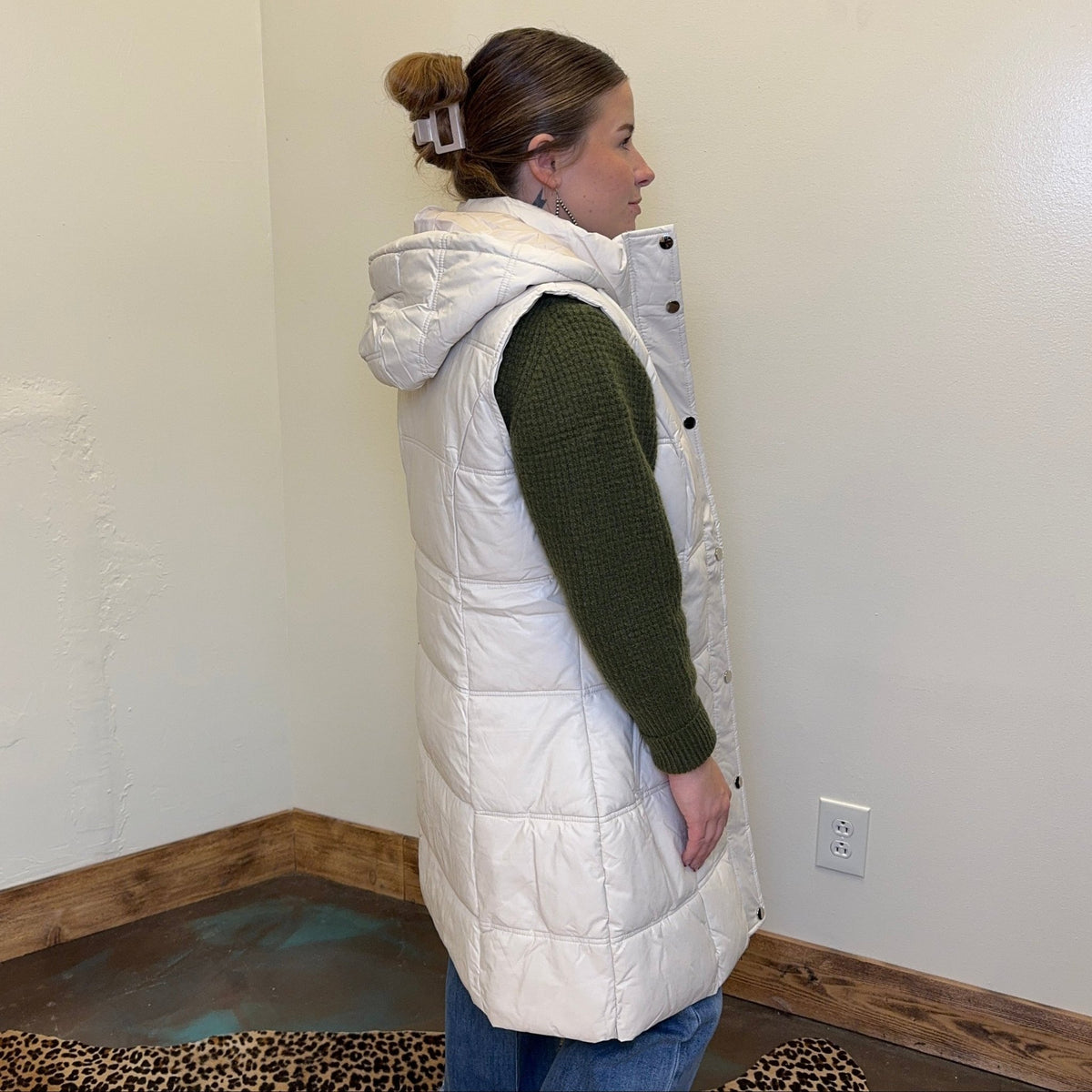 Cream Button Down Long Puffer Vest w/ Hood - Country Lace Boutique
