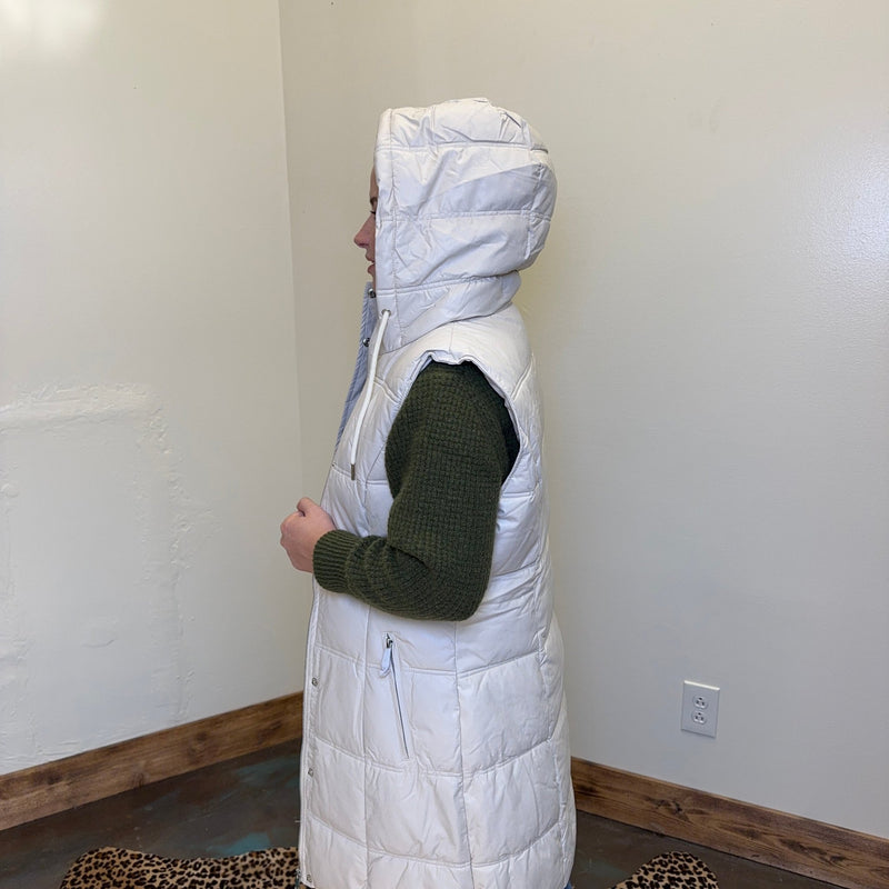 Cream Button Down Long Puffer Vest w/ Hood - Country Lace Boutique
