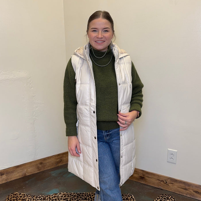 Cream Button Down Long Puffer Vest w/ Hood - Country Lace Boutique