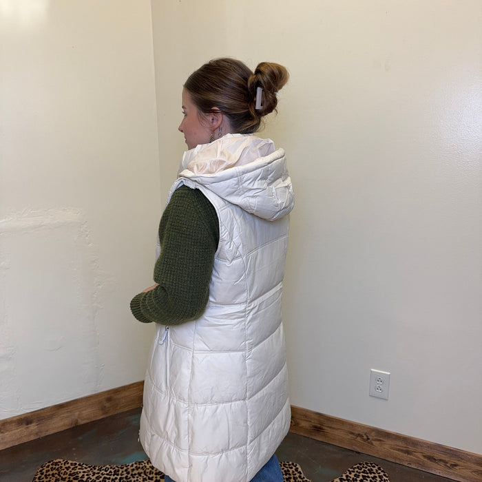 Cream Button Down Long Puffer Vest w/ Hood - Country Lace Boutique
