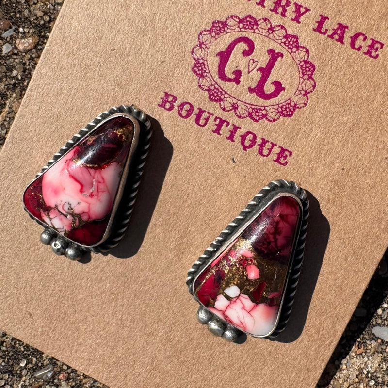 Dahlia Rose Triangle W/ Ball Detail Post Genuine Sterling Silver Earring - Country Lace Boutique