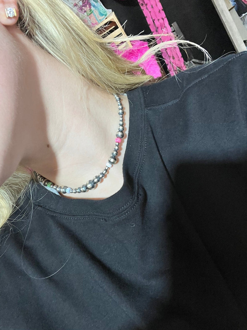 Dainty 14 inch 3, 4, 5, 6mm Navajo Pearl with Multi - Opal Patterned Sterling Silver Necklace - Country Lace Boutique