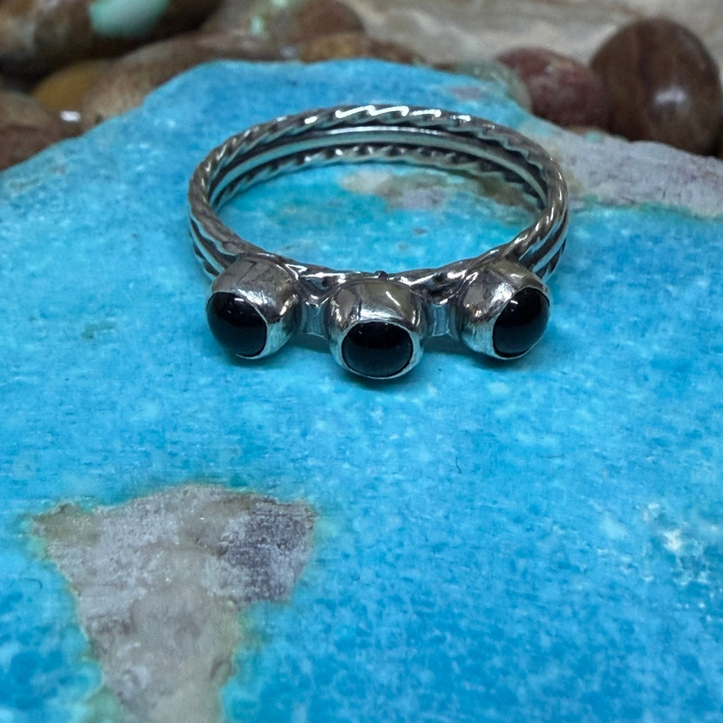 Dainty 3 Stone Black Onyx Detail Band Sterling Silver Ring - Country Lace Boutique