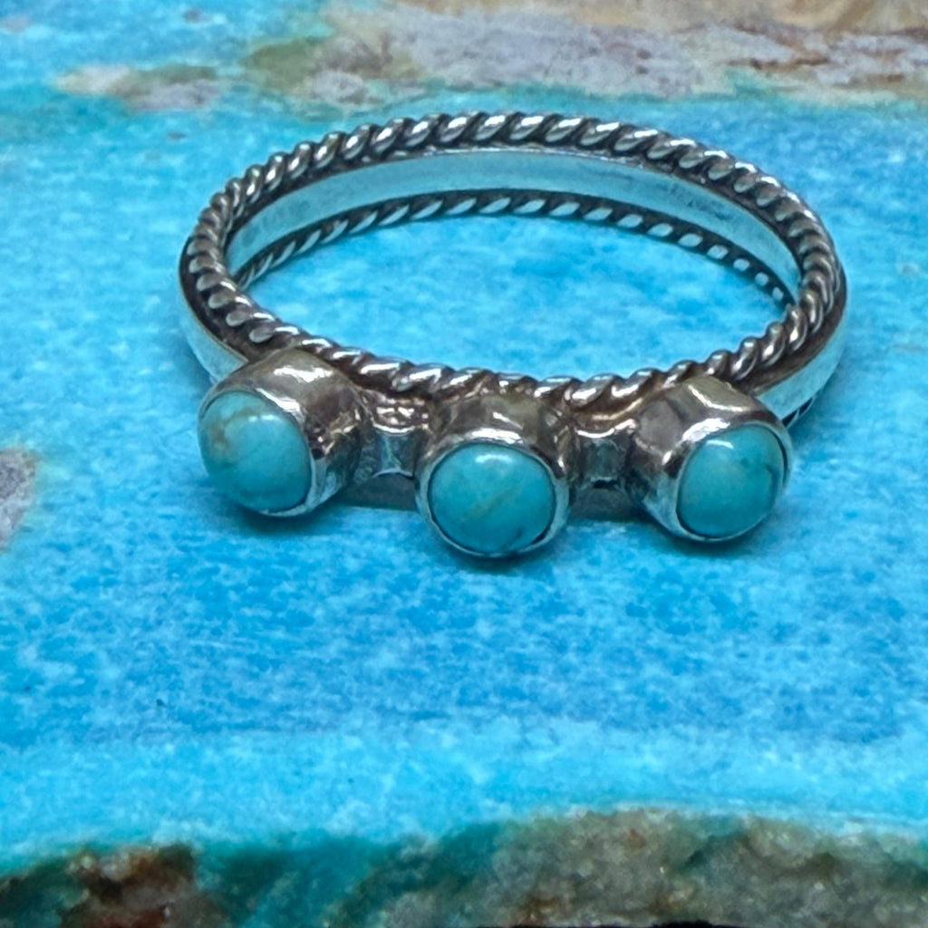 Dainty 3 Stone Turquoise Detail Band Sterling Silver Ring - Country Lace Boutique